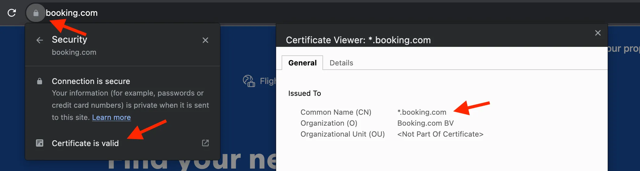 a web browser window showing the security and SSL settings for Booking.com